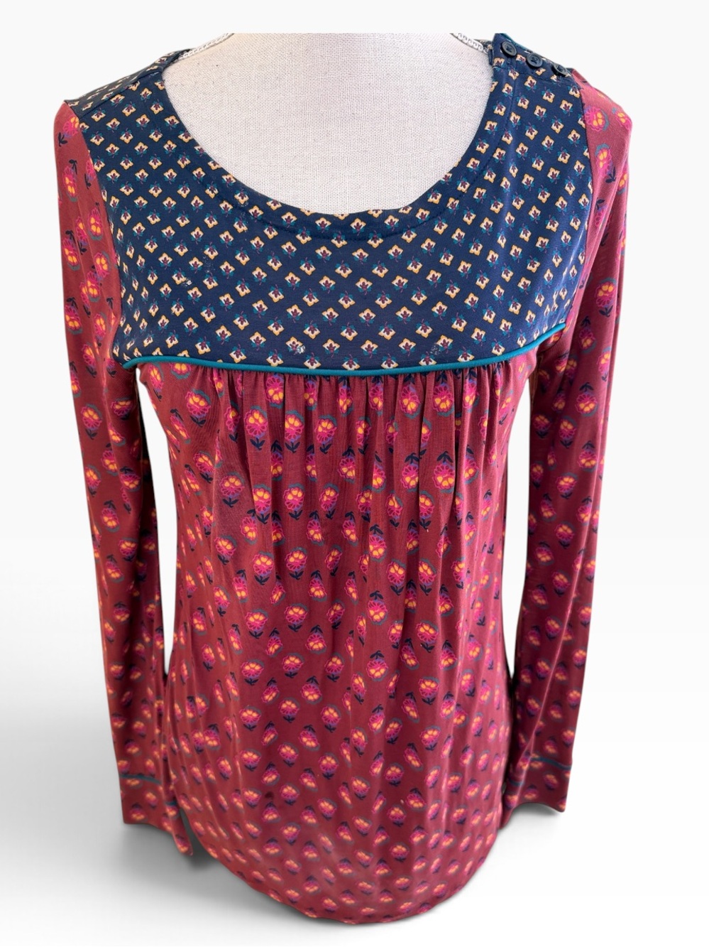 Boden Mixed Pattern Burgundy/Navy Blue Long Sleeve Scoop Neck Top 6